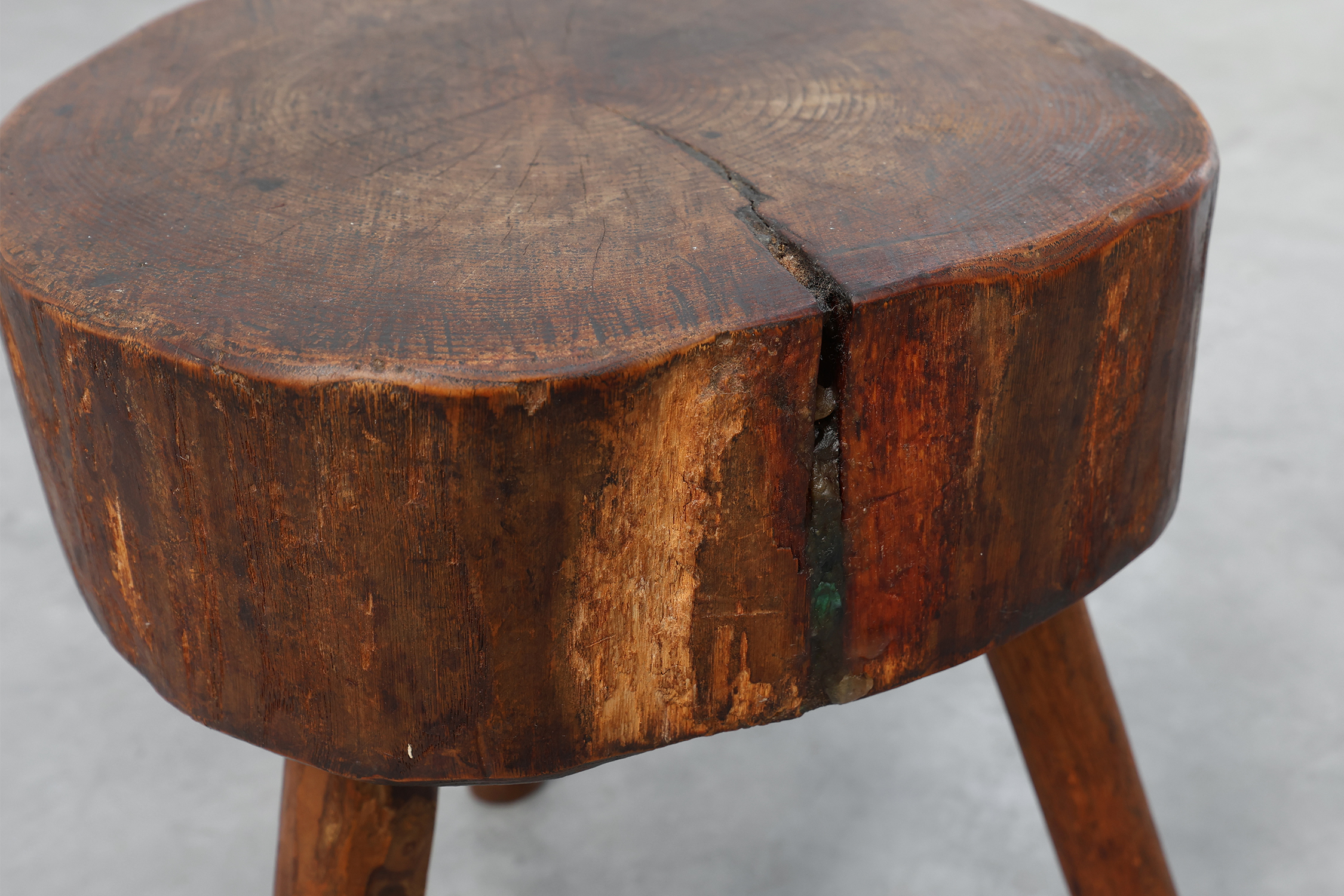 Rustic Oak Tripod Stool with Chunky Round Wooden Seat, France, circa 1920thumbnail